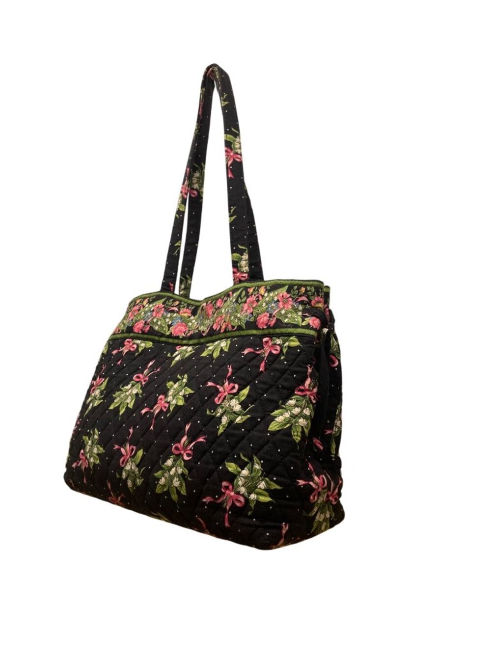 Vera Bradley Women’s Black & Green Quilted Cotton Floral Shoulder Tote Bag - Picture 2 of 13